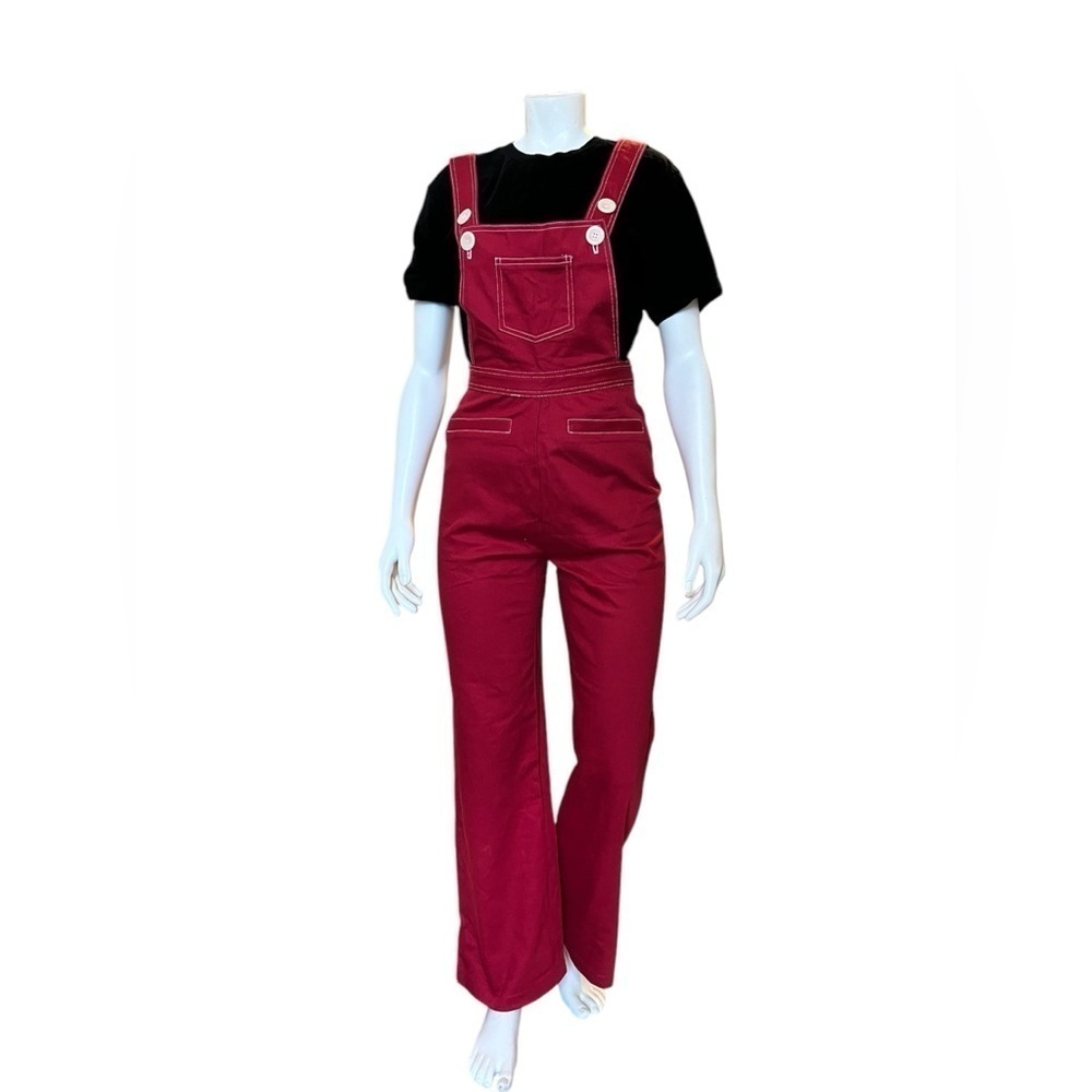 Reformation Red Denim Bib Carpenter Overalls Size XS In Red Wide Legs Casual
